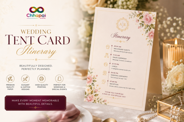 Custom wedding tent card itinerary printing with premium cardstock